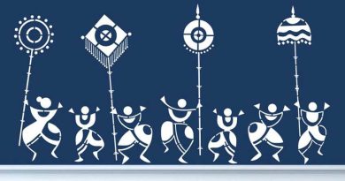 Traditional Warli painting showing tribal dance and village life with white figures on brown background