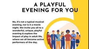 Illustration of diverse people standing together with the heading “A Playful Evening for You” and event details about exploring the joy of play in adult life.