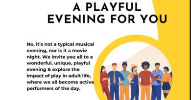 Illustration of diverse people standing together with the heading “A Playful Evening for You” and event details about exploring the joy of play in adult life.