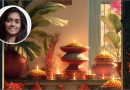 Festive Indian home decor with marigold flowers, lit oil lamps, and lush greenery, creating a warm and traditional ambiance.