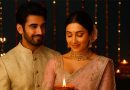Elegant Indian couple celebrating Diwali with traditional attire, decorative diyas, and festive home lighting