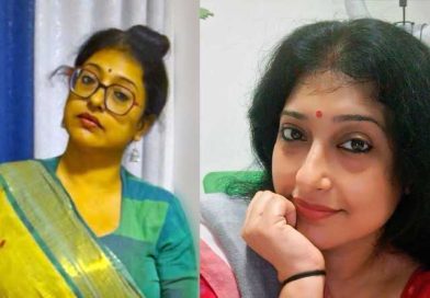 Side-by-side portraits of Paula Roy, a digital creator and influencer, shown in two distinct styles—one in a traditional saree and the other in a modern outfit—reflecting her versatility and personal journey.