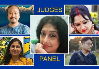 Collage of five judges' portraits on a blue background with the words "JUDGES PANEL" in bold yellow text, highlighting the central figure as a key member of the Lifeplus Photography Contest jury.