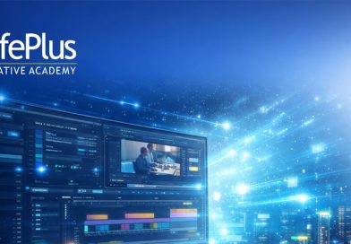 Futuristic digital workspace with Lifeplus Creative Academy logo, representing AI‑powered video editing and creative training opportunities.