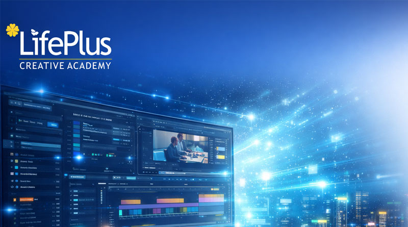 Futuristic digital workspace with Lifeplus Creative Academy logo, representing AI‑powered video editing and creative training opportunities.