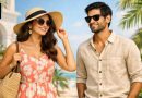 Indian man and woman in trendy summer outfits — sleeveless floral dress and linen shirt — standing outdoors under bright sunlight with tropical background, representing summer fashion in India.