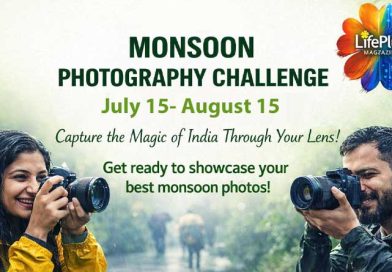 Two Indian photographers capturing the monsoon rain with DSLR cameras, symbolizing creativity and participation in the LifePlus Monsoon Photography Challenge 2026.