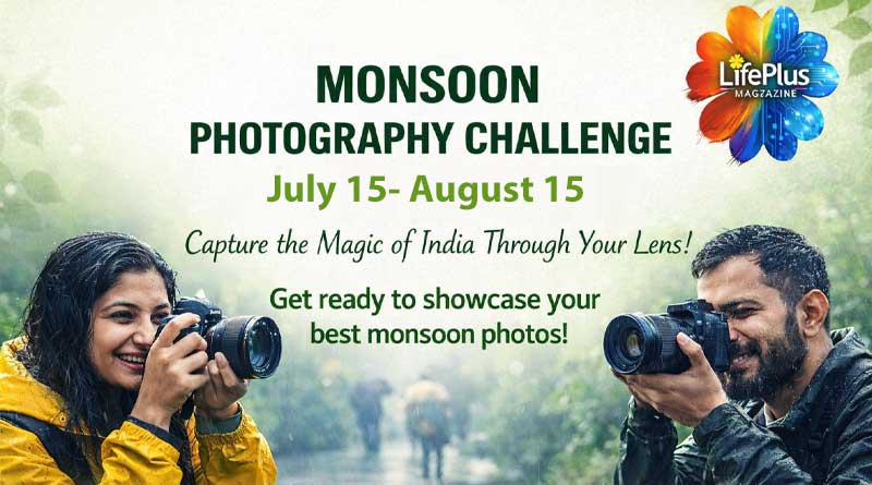 Two Indian photographers capturing the monsoon rain with DSLR cameras, symbolizing creativity and participation in the LifePlus Monsoon Photography Challenge 2026.