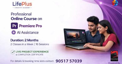 Two learners working on a laptop with Adobe Premiere Pro interface, alongside course details promoting online training with AI assistance.