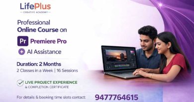Two learners working on a laptop with Adobe Premiere Pro interface, alongside course details promoting online training with AI assistance.