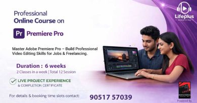 Two learners working on a laptop with Adobe Premiere Pro interface, alongside course details promoting online training with AI assistance.