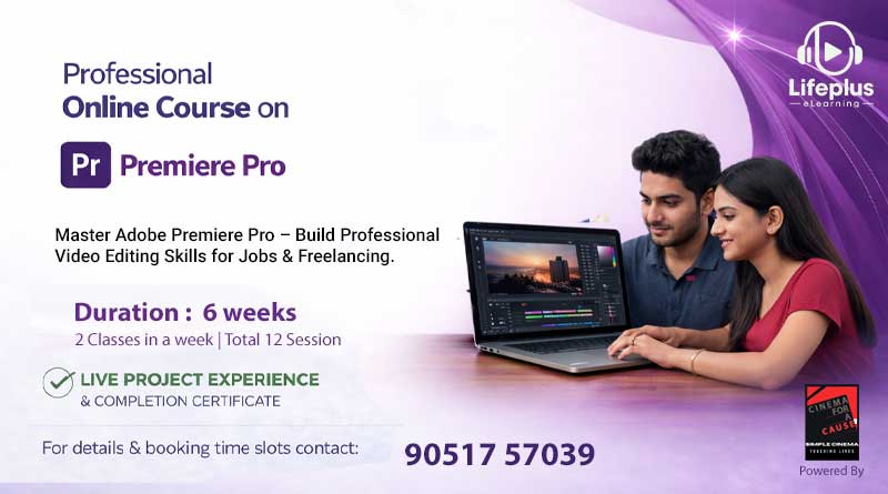 Two learners working on a laptop with Adobe Premiere Pro interface, alongside course details promoting online training with AI assistance.