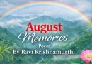 A serene monsoon landscape with a rainbow over misty green hills, a pink lotus flower, and the text “August Memories – Poem by Ravi Krishnamurthi."