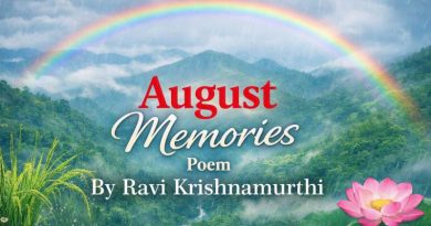 A serene monsoon landscape with a rainbow over misty green hills, a pink lotus flower, and the text “August Memories – Poem by Ravi Krishnamurthi."