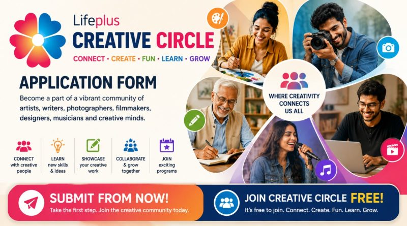 Colorful banner featuring diverse creative individuals engaged in writing, photography, music, and digital art, representing the Lifeplus Creative Circle membership form.