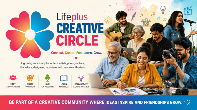 A vibrant banner showing diverse creative individuals collaborating in art, music, photography, and writing, representing the Lifeplus Creative Circle community.
